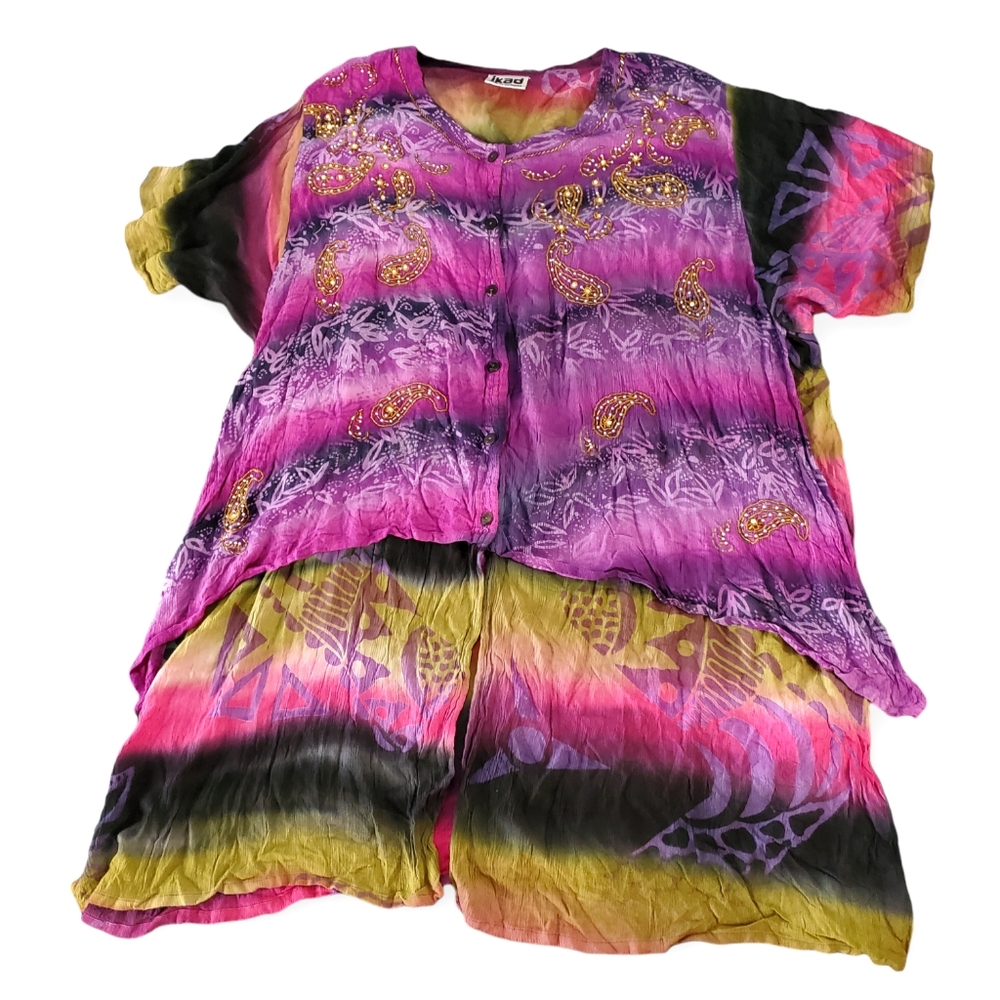 VTG Ikad Multicolored Boho Hippie Artsy Beaded Rayon Layered Tunic Top One Size